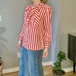 GUC Vintage Red / off white pink Striped Button Down Shirt with scarf detail